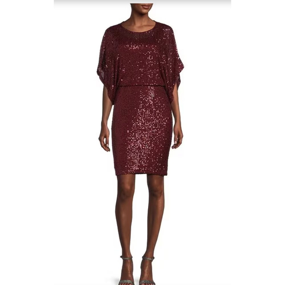 Marina Allover Sequin Boat Neck 3/4 Dolman Sleeve Blouson Sheath Dress